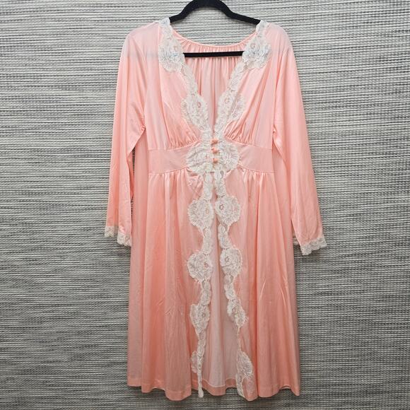 VTG Komar Baby Doll Nightgown Robe Peach Ivory Lace Long Sleeve Coquette Sexy - Picture 3 of 11